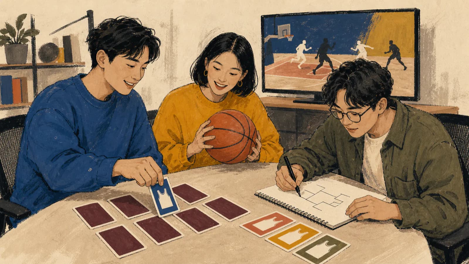 현대적인 작업 공간의 테이블에 둘러앉아 팀 카드를 뒤집고 노트에 대진표를 그리며 농구공을 들고 있는 세 명의 어른