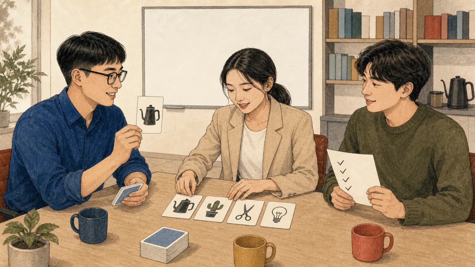 모던한 작업 공간의 테이블에서 세 명의 어른이 사물 카드 게임을 하는 모습: 안경 쓴 남성이 카드 뭉치에서 뽑은 카드를 들어 보이고, 여성이 뽑힌 카드를 테이블에 나란히 놓고, 다른 남성이 체크리스트에 체크 표시를 한다.
