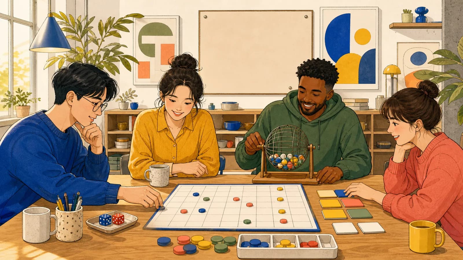 한국의 창작 스튜디오에서 사람들이 주사위, 색 토큰, 추첨통, 빈 격자판으로 숫자 범위를 무작위로 고릅니다.