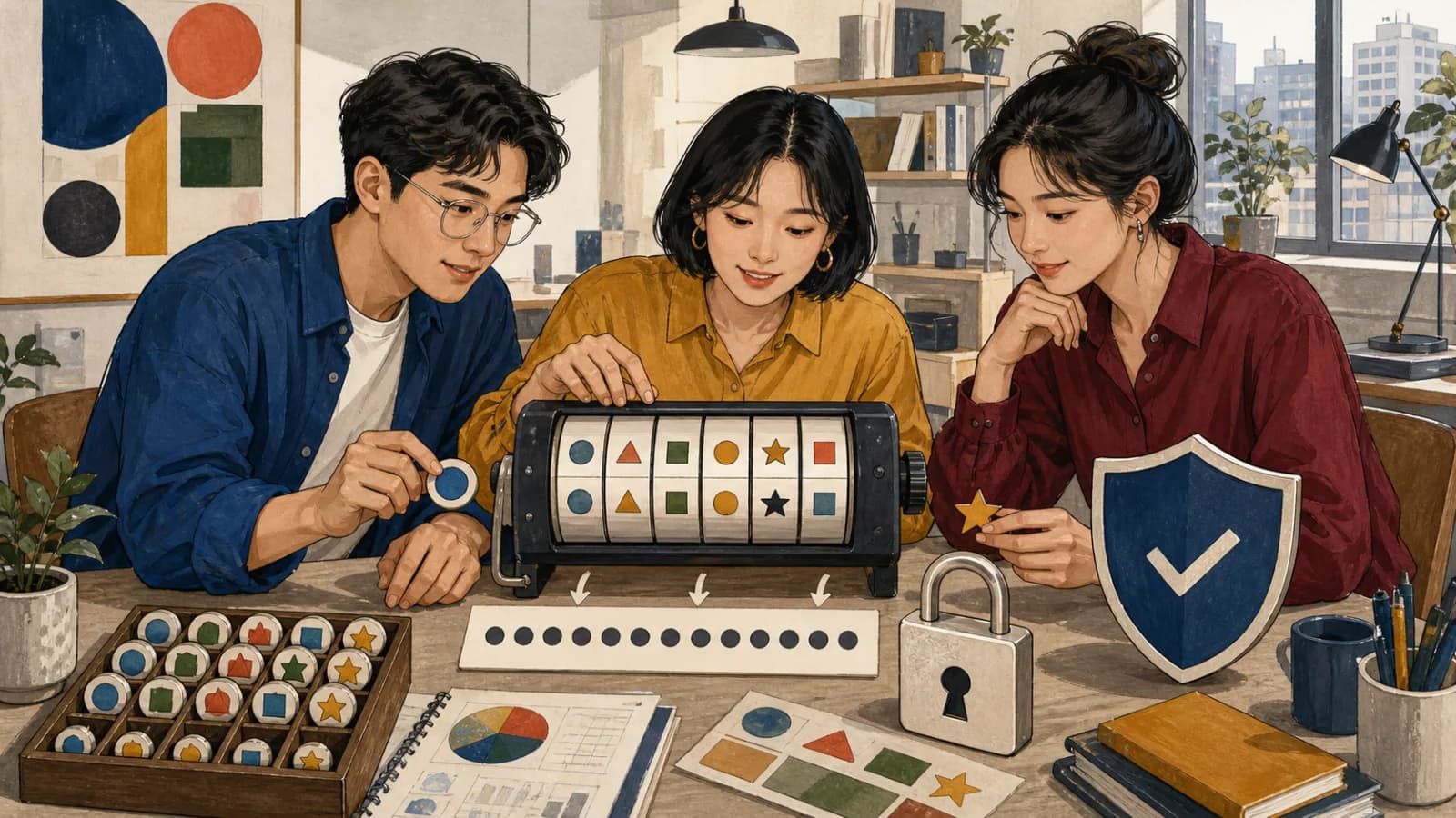 세 명의 성인이 기하학 기호 토큰을 무작위 생성기에 넣어 자물쇠와 방패 옆에 가려진 점 배열을 만듭니다.