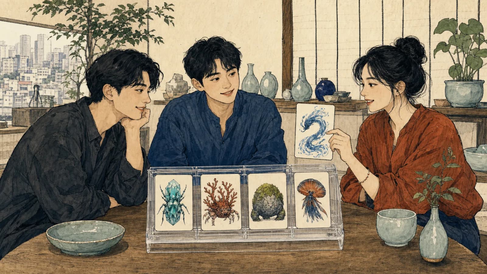 세 친구가 현대적인 창작 스튜디오에서 카드 선택 장치를 이용해 독창적인 판타지 생물 카드를 무작위로 고르는 장면입니다.