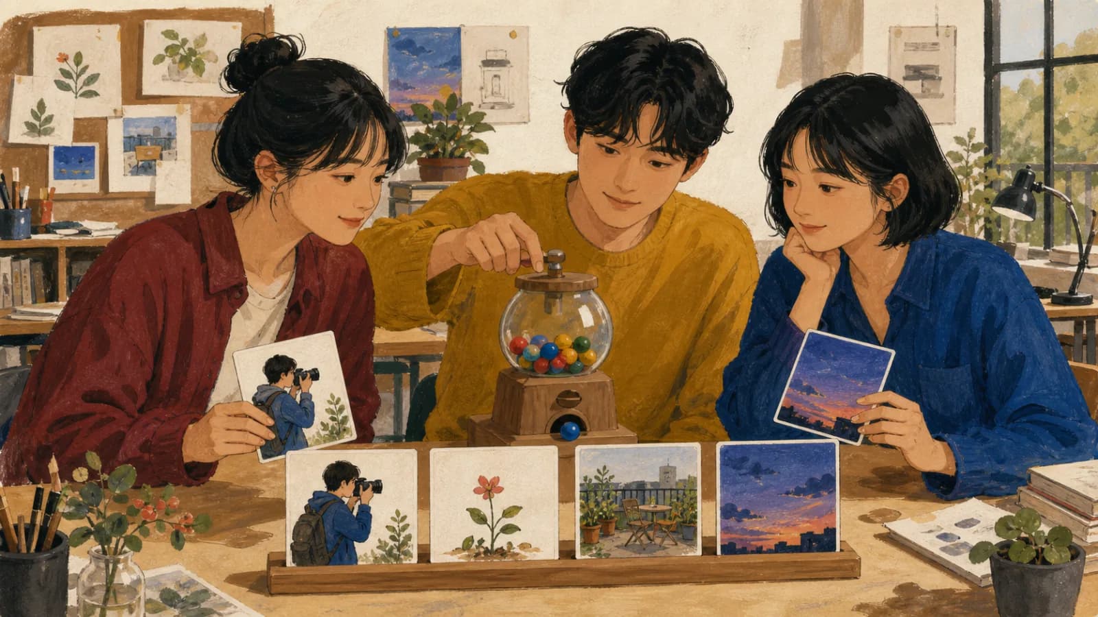 세 명의 성인이 사진가, 꽃, 옥상 정원, 저녁 하늘 그림 카드를 골라 시각적 문장 순서로 배열합니다.