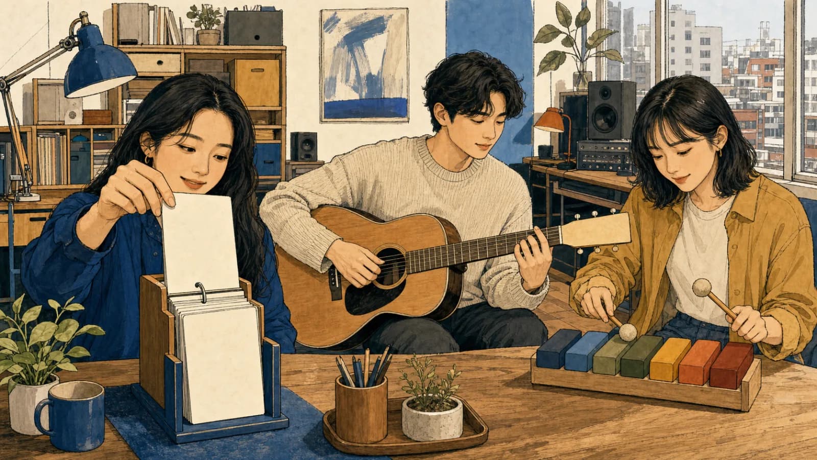 세 명의 성인이 서울의 음악 작업실에서 빈 카드 한 장을 뽑고 기타와 색깔 리듬 블록으로 노래 아이디어를 만듭니다.