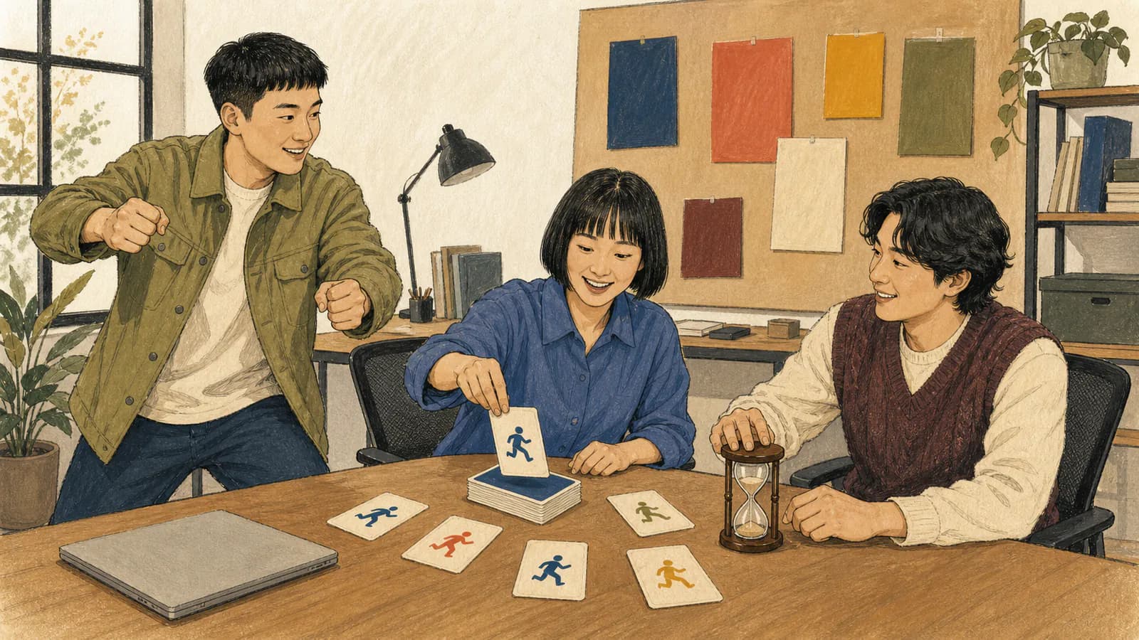 모던한 작업 공간에서 액션 카드 게임을 하는 세 명의 어른. 한 남성이 카약 노 젓는 동작을 흉내 내고, 한 여성이 카드 더미에서 카드를 뽑고, 다른 남성이 책상 위의 작은 모래시계로 시간을 재고 있다.