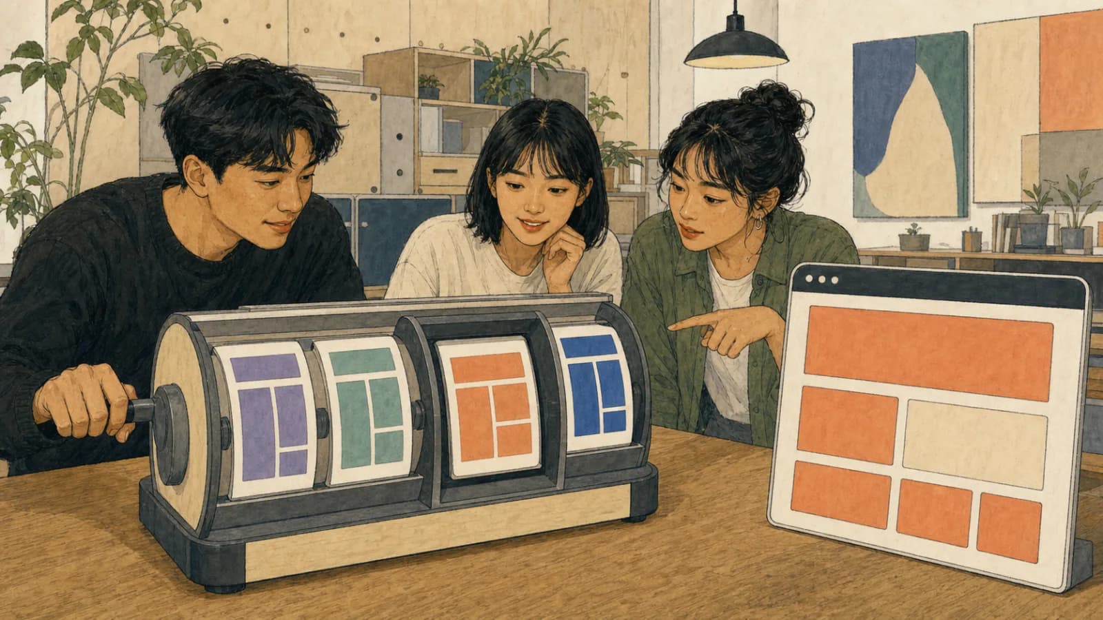 세 사람이 기계식 생성기로 웹사이트 레이아웃을 무작위 선택하는 모습.