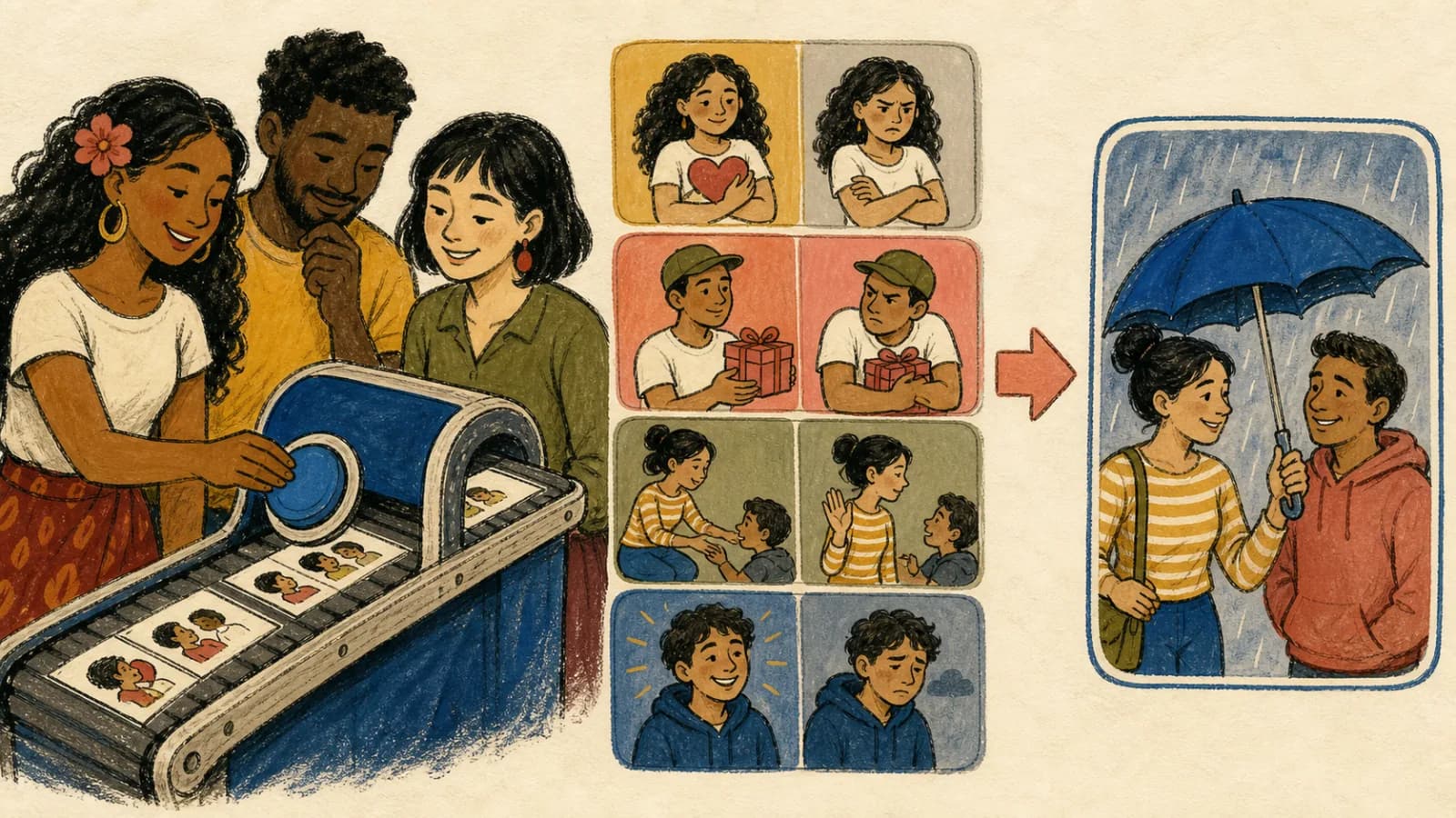 Três adultos usam um seletor sem texto para comparar uma pessoa gentil ou fria, generosa ou egoísta, prestável ou indiferente, alegre ou triste.