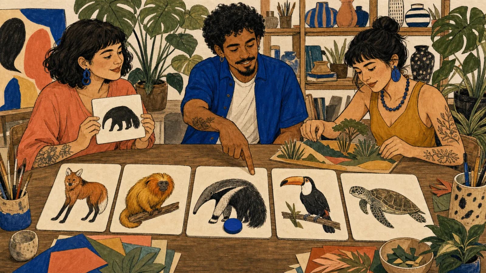 Três adultos escolhem aleatoriamente um tamanduá-bandeira com cartões de animais sem texto e uma ficha azul em um ateliê comunitário.