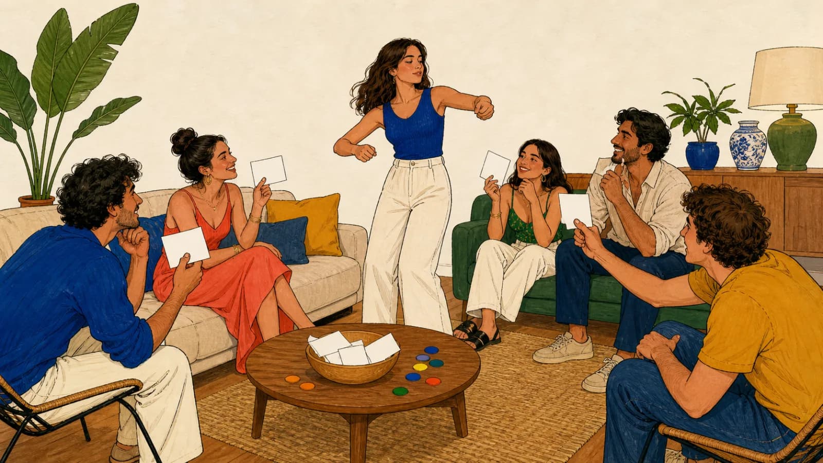 Seis amigos jogam mímica numa sala contemporânea enquanto uma pessoa representa uma ação e os demais tentam adivinhar com cartões em branco.
