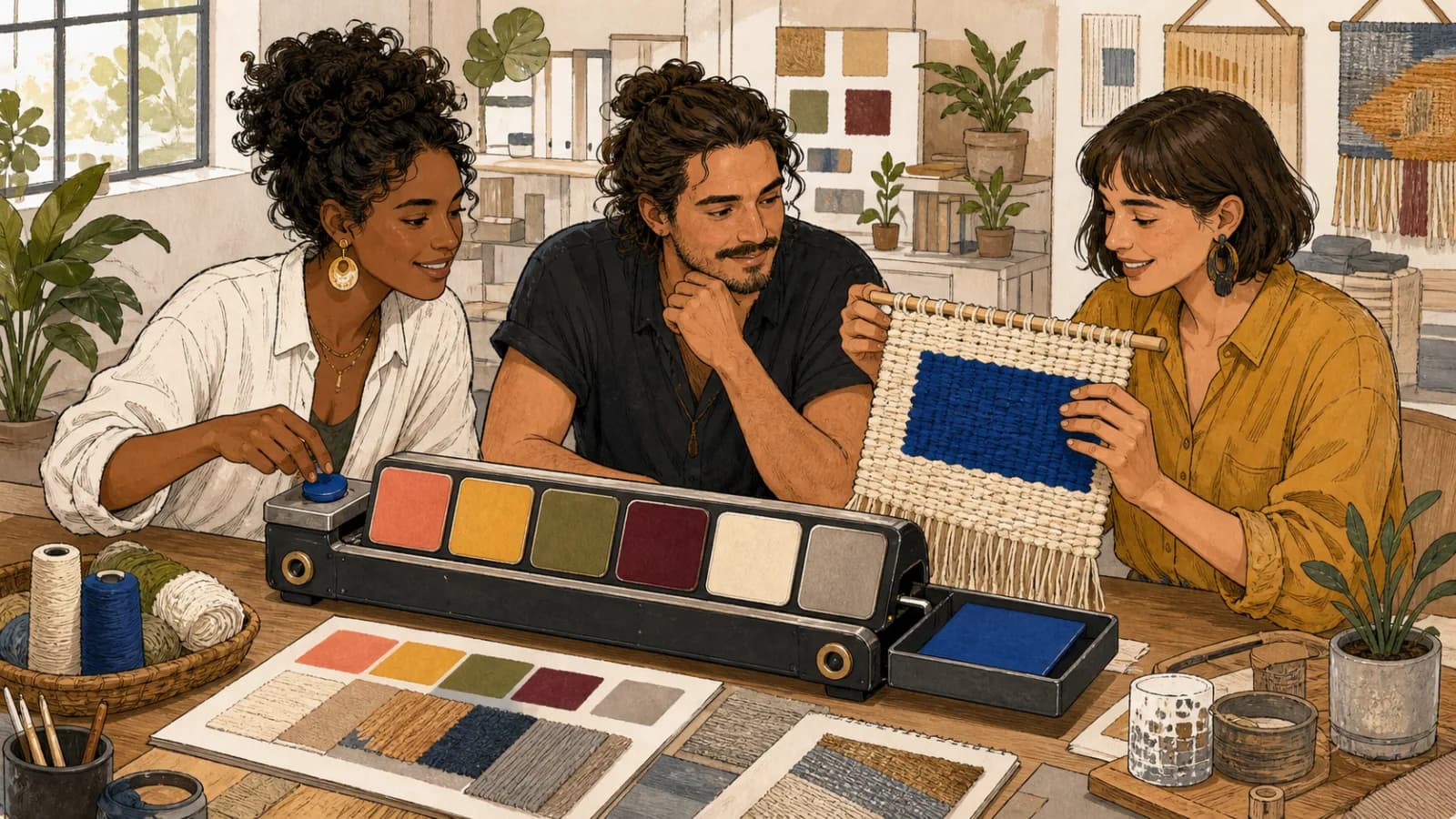 Três adultos usam um seletor de esteira para escolher um azul intenso e aplicá-lo a um painel têxtil tecido.