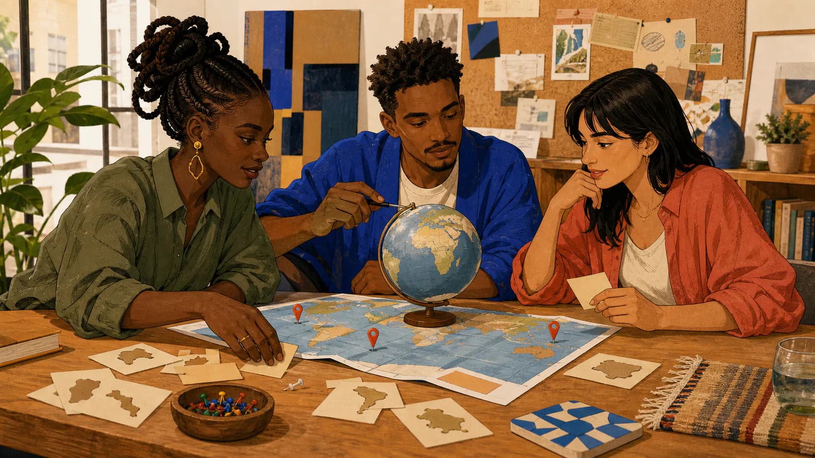 Três pessoas exploram um globo, um mapa e cartões de países em uma mesa de planejamento.