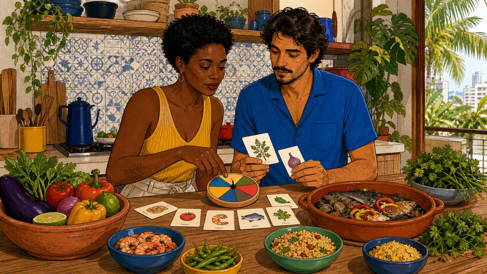 Duas pessoas usam uma roleta e cartões de ingredientes para escolher uma refeição em uma cozinha urbana.