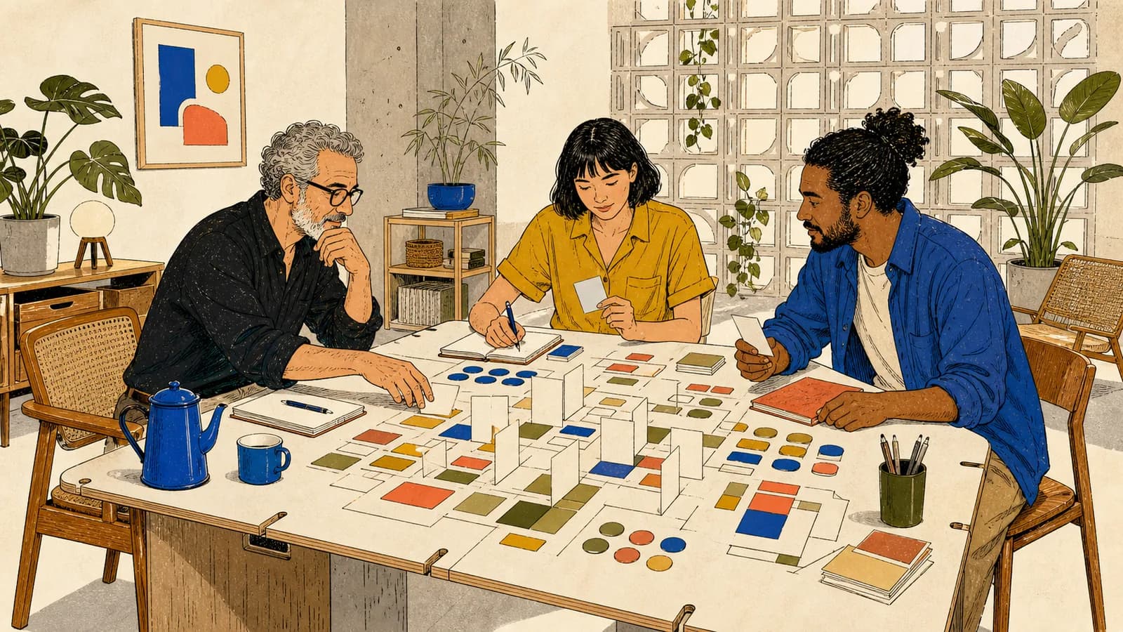 Três adultos colaboram em um estúdio contemporâneo de São Paulo com cartões, grupos de peças e amostras de cor sobre a mesa.