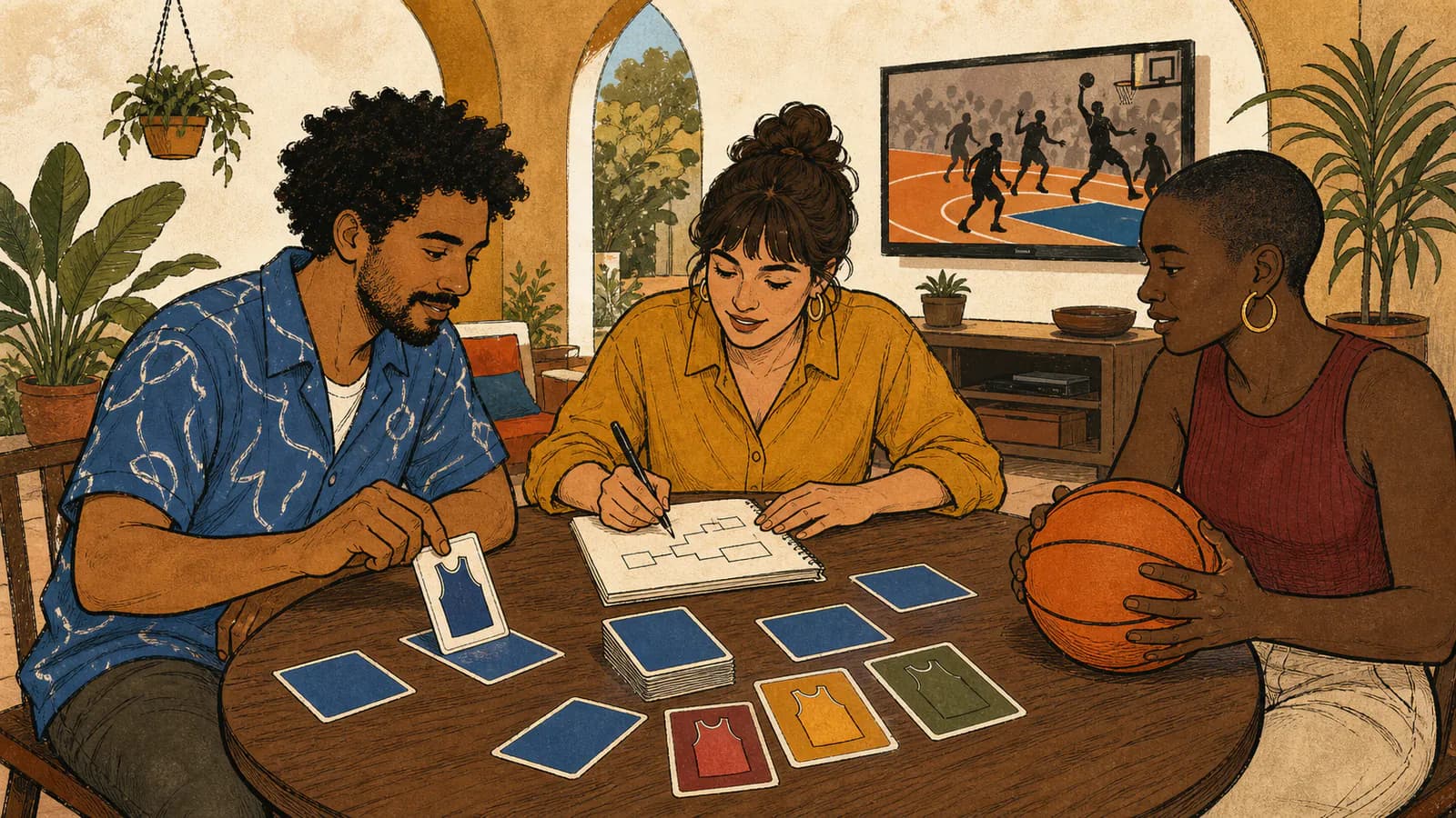 Três adultos em uma loggia de pátio viram cartas de time, desenham uma tabela de jogos em um caderno e seguram uma bola de basquete ao redor de uma mesa