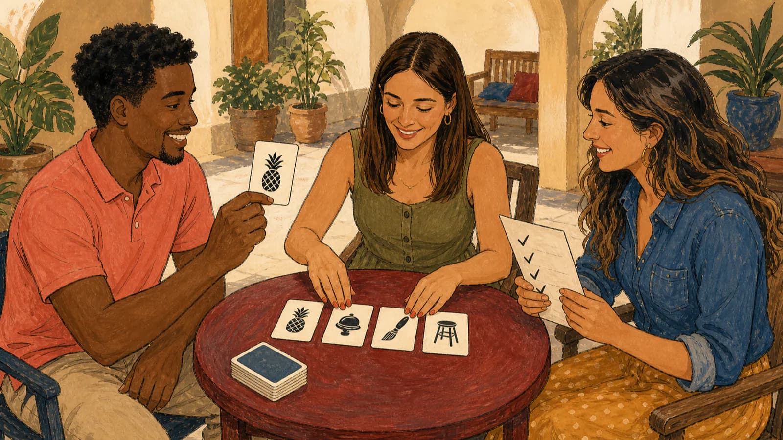 Três amigos numa loggia de pátio jogam um jogo de cartas de objetos: um homem mostra uma carta tirada do baralho, uma mulher alinha as cartas já tiradas com pictogramas de objetos e outra mulher marca uma lista com vistos.