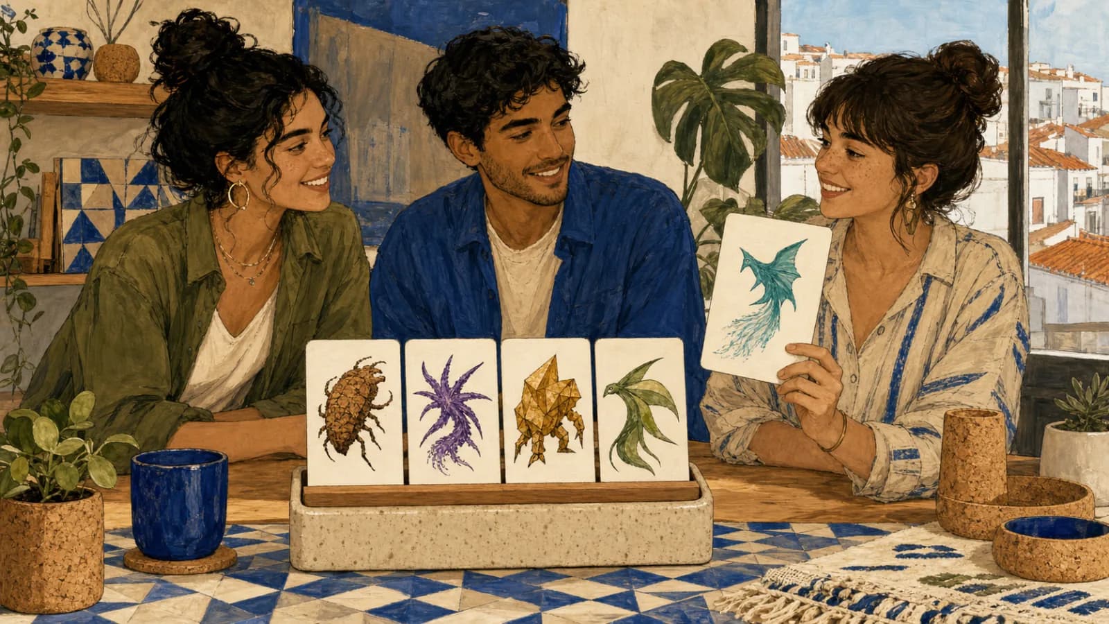 Três amigos num estúdio de design usam um seletor de cartas para escolher ao acaso uma criatura fantástica original.