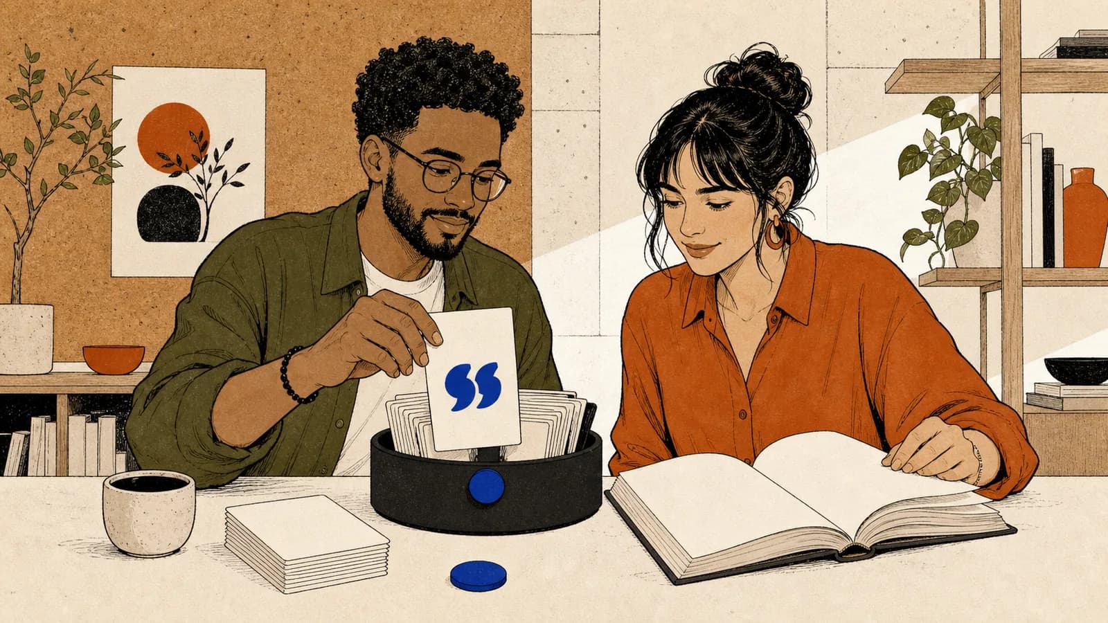 Duas pessoas numa sala de leitura contemporânea retiram um cartão com aspas de uma pequena roleta e conferem a escolha num livro aberto.