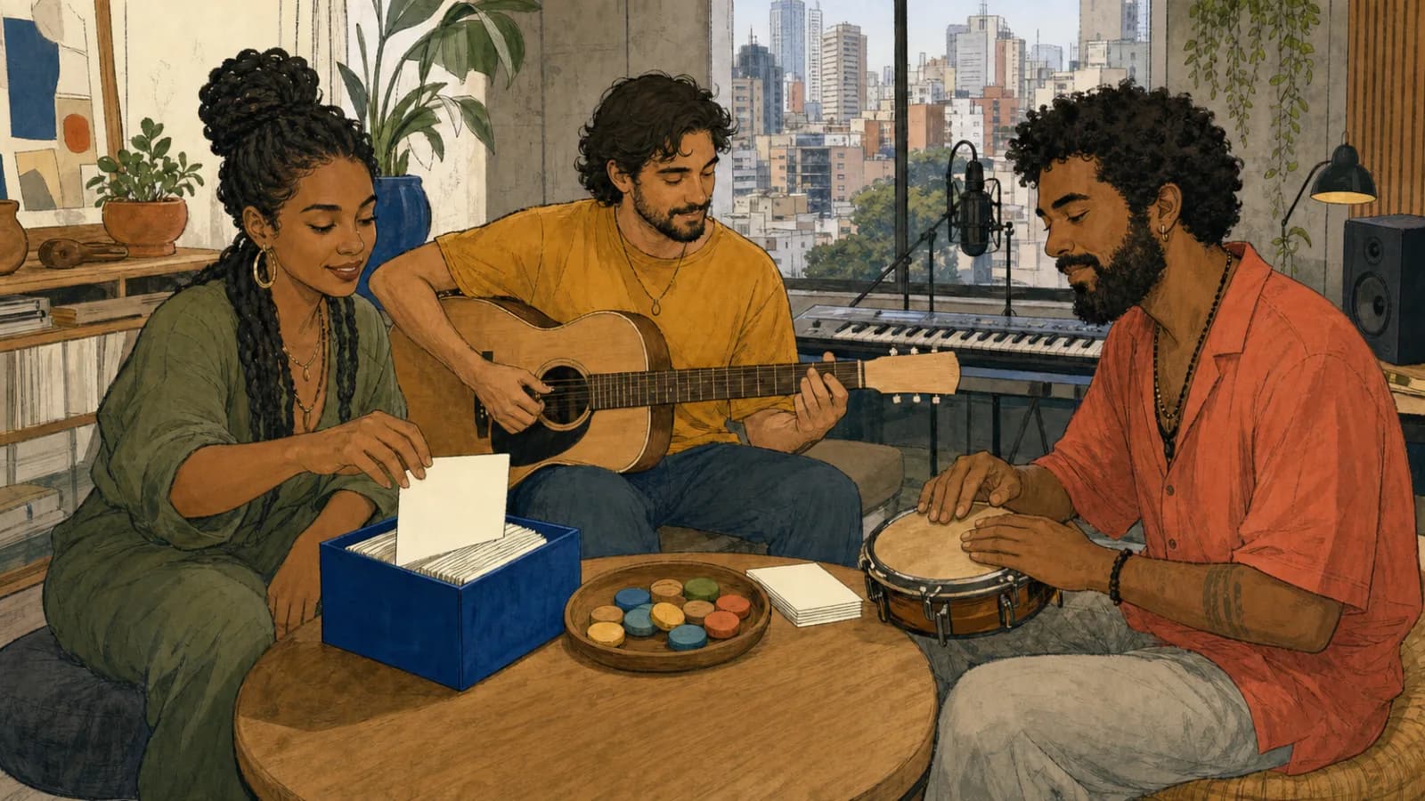 Três adultos num estúdio musical urbano tiram um cartão em branco e transformam a ideia aleatória em guitarra, percussão e fichas de ritmo coloridas.
