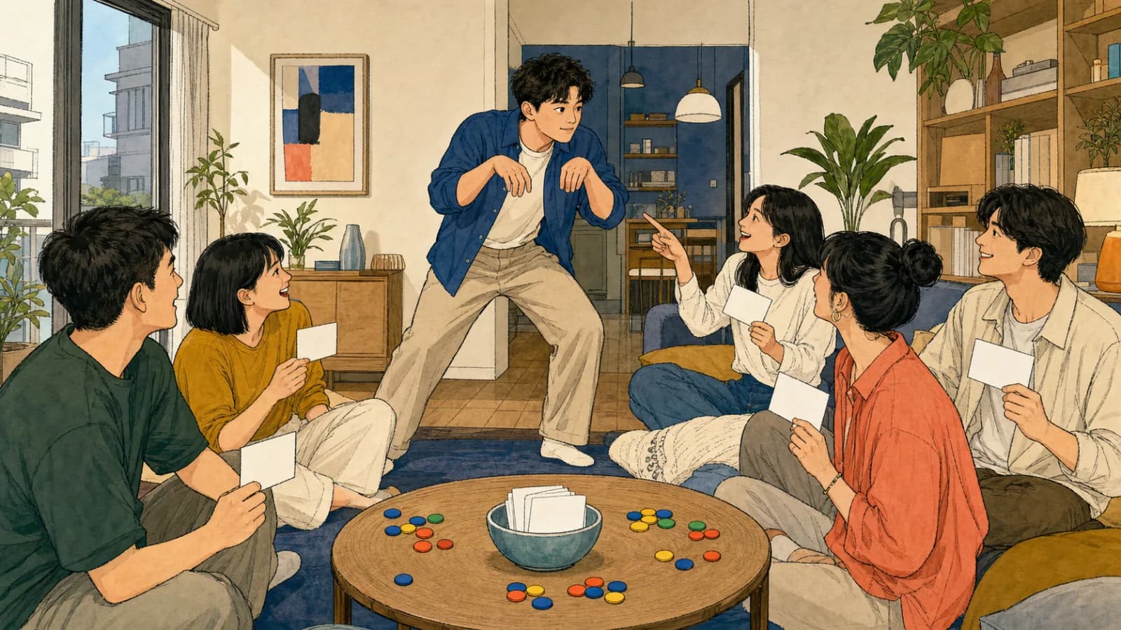 六位朋友在明亮的城市客廳玩比手畫腳,一人模仿機器人動作,其他人拿著空白提示卡猜答案。
