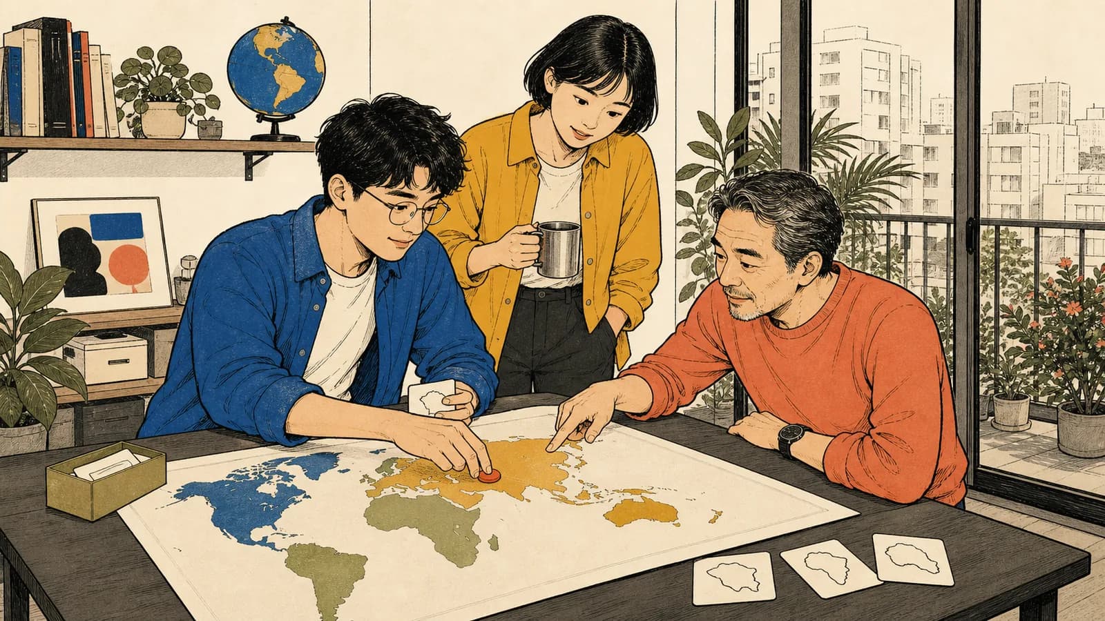 三位不同年齡的成年人在明亮的共學空間裡,圍著平放的世界地圖隨機選出一個國家。