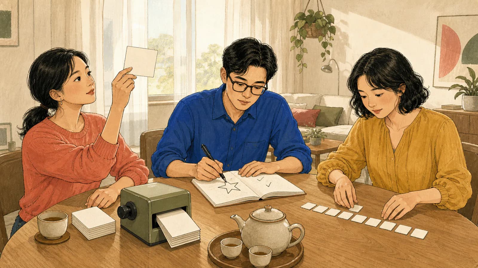三個大人在明亮公寓的餐桌旁腦力激盪發明新詞:女子把空白卡片舉到窗邊透光檢視,男子在筆記本上畫星形記號,另一名女子把字面朝下的字母積木排成一列,桌上放著手動抽卡器。
