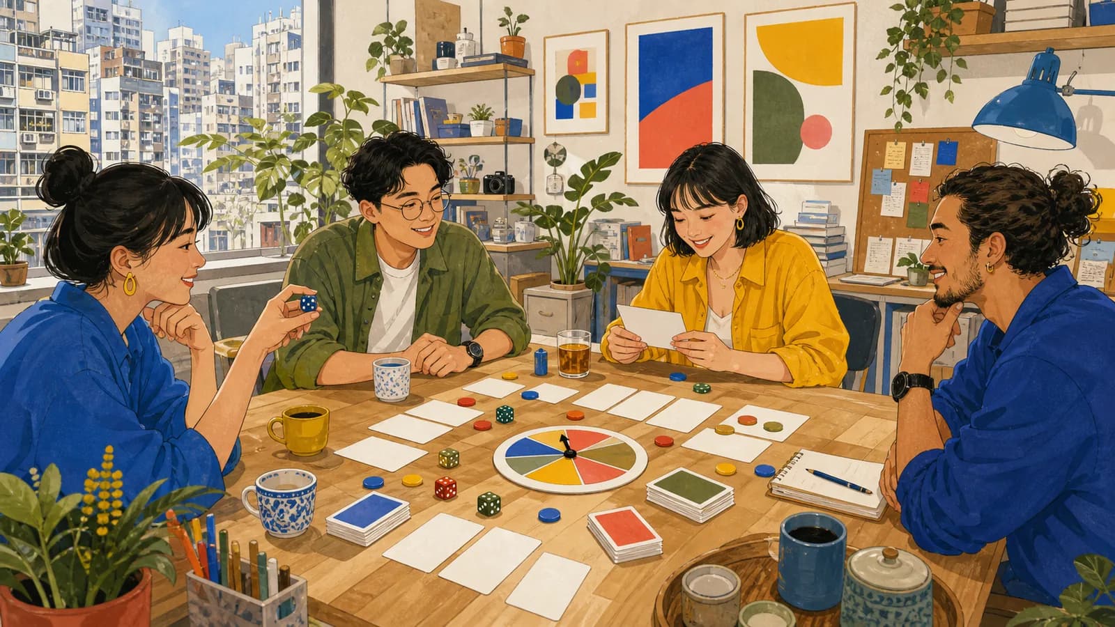 一組創作者在城市工作室裡使用骰子、空白卡片、彩色籌碼和轉盤抽出隨機靈感。