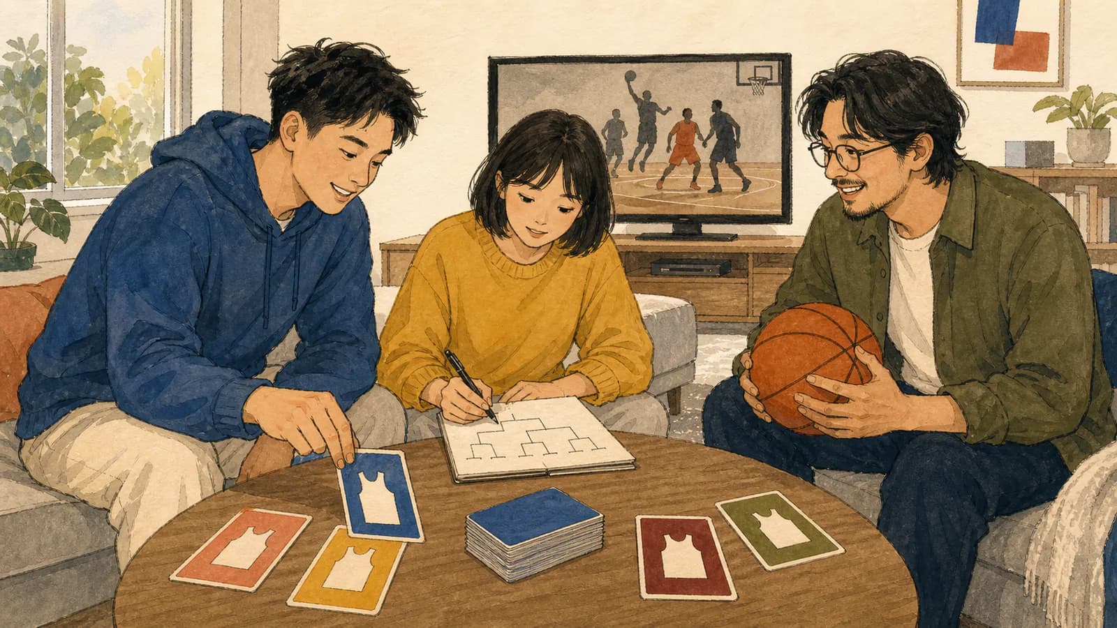 三位成人圍坐在明亮公寓的茶几旁翻開球隊卡、在筆記本上畫對陣表,其中一人抱著籃球