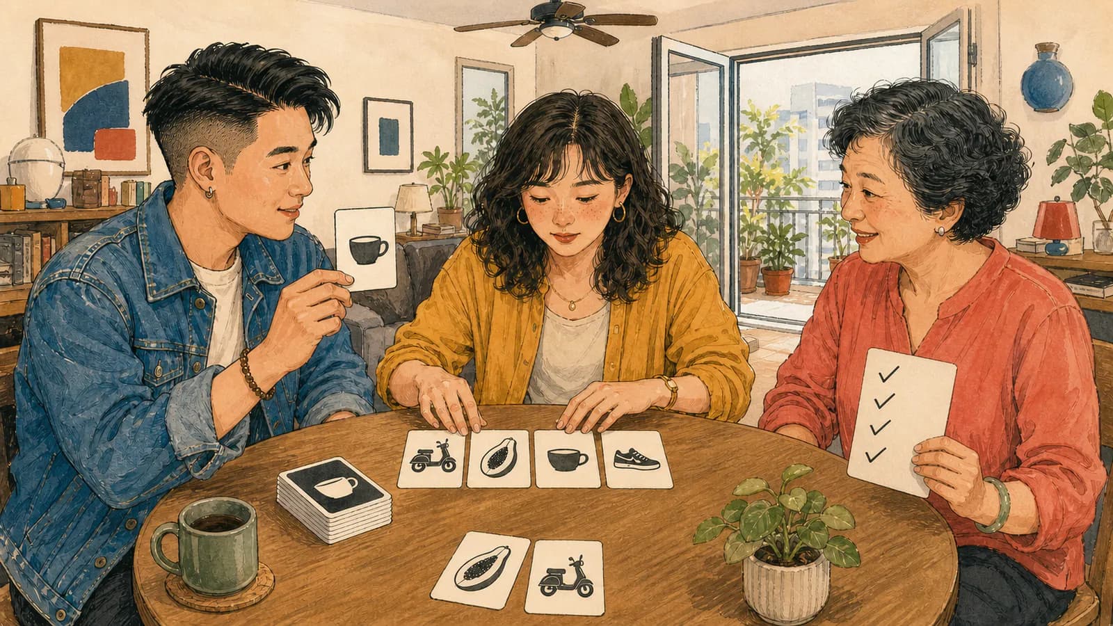 明亮公寓裡,三位朋友圍著圓桌玩物品卡遊戲:男子舉起剛從卡堆抽出的卡片,女子把抽出的卡排成一排,另一位女子在清單上打勾。