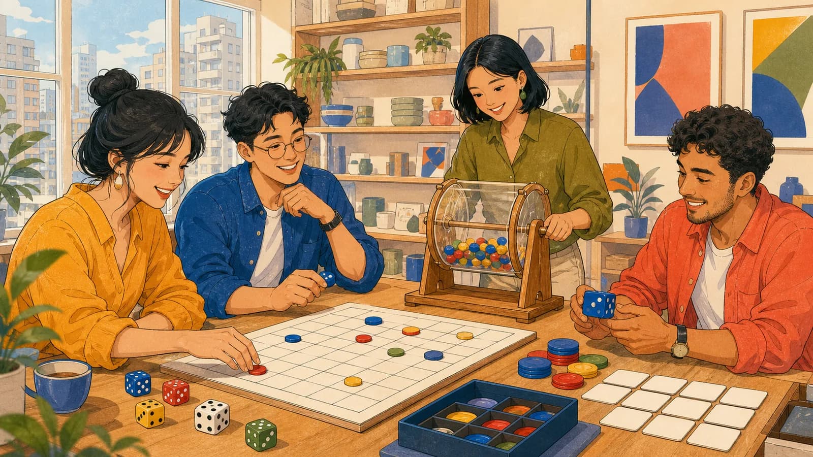 城市工作室裡的參與者使用骰子、彩色籌碼、抽選筒和空白格線板,隨機選出一段數字範圍。