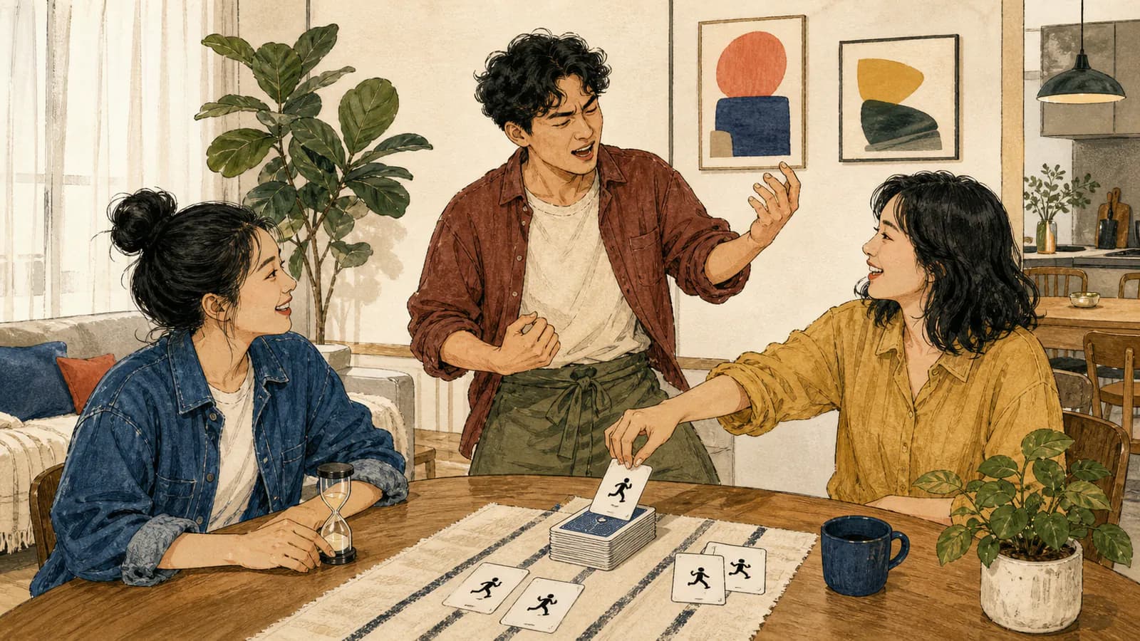 三個成年人在明亮的公寓裡玩動作卡遊戲:一名男子站著比出彈空氣吉他的動作,一名女子從牌堆抽卡,另一名女子用桌上的小沙漏計時。